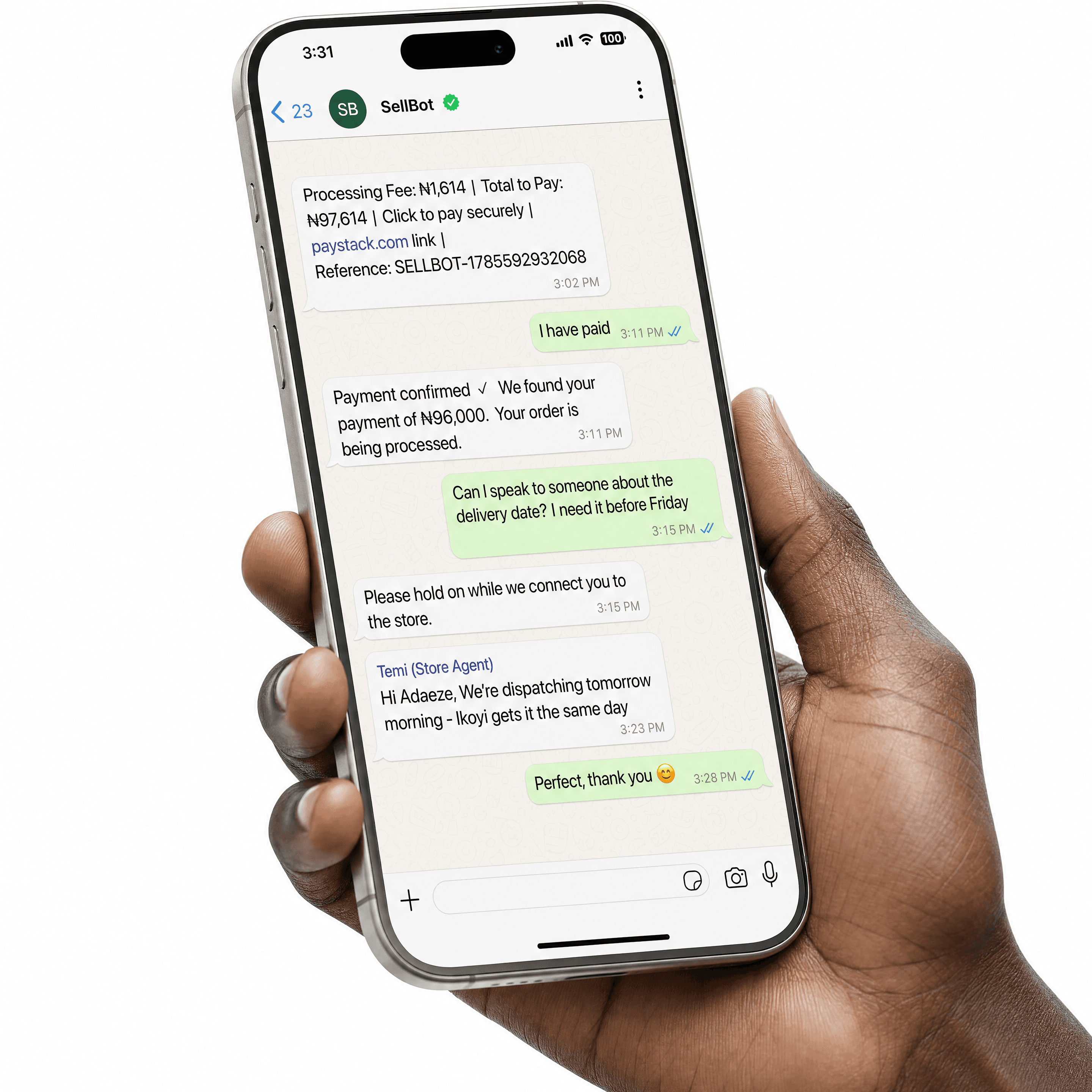 A WhatsApp chat showing a customer paying via a Paystack link and getting order confirmation and delivery updates