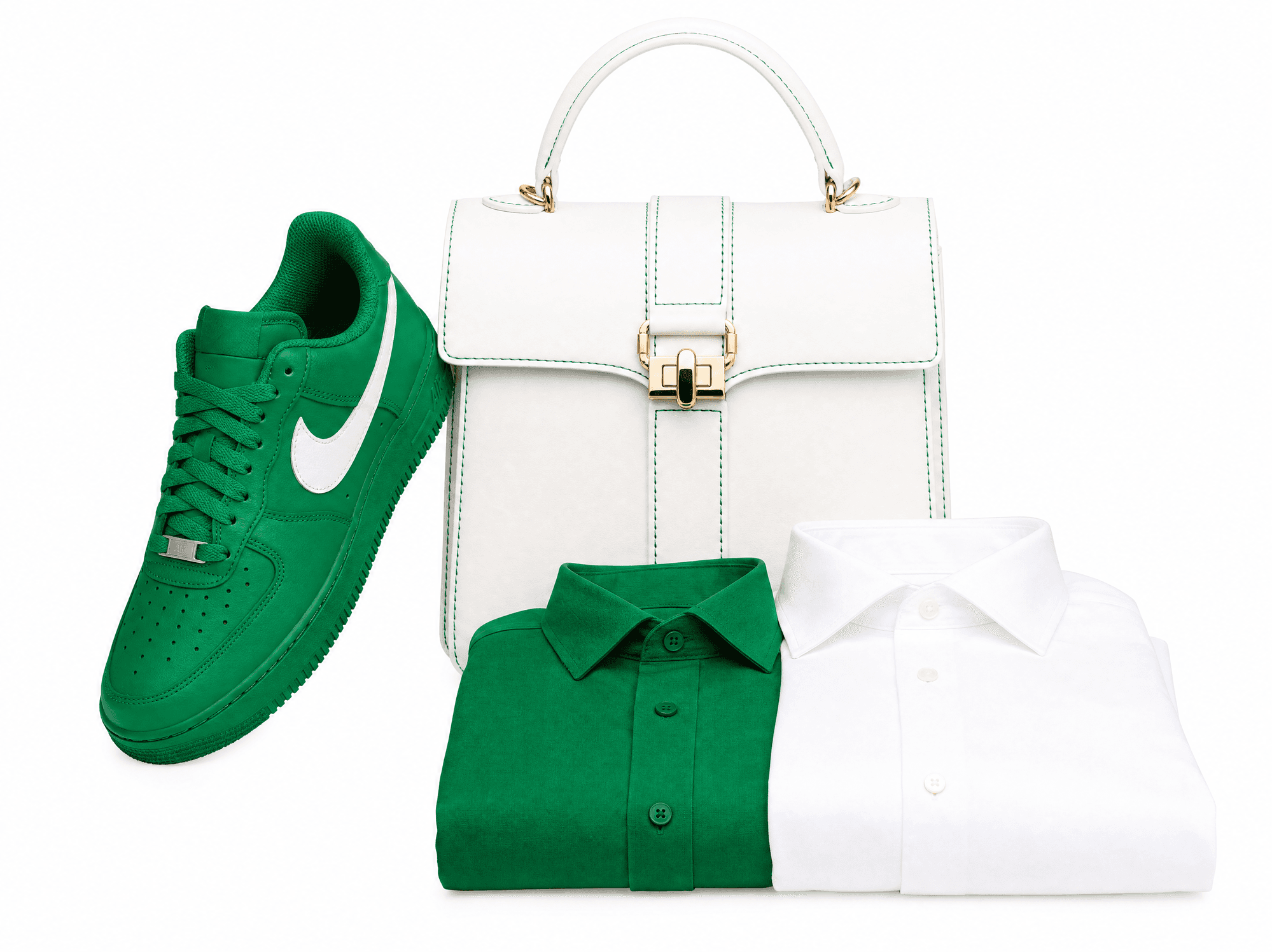 Sneakers, a handbag, and folded shirts sold through Sharpsel